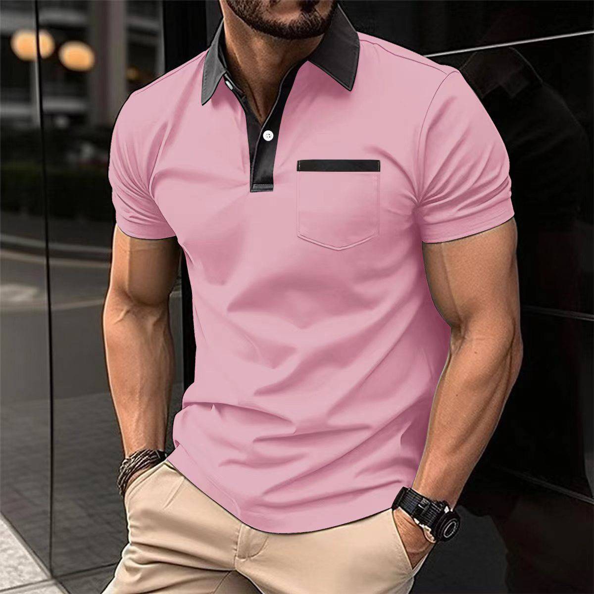 Men's Lapel Fashion Slim Pocket Short-sleeved T-shirt Polo Shirt - Clothing Personality