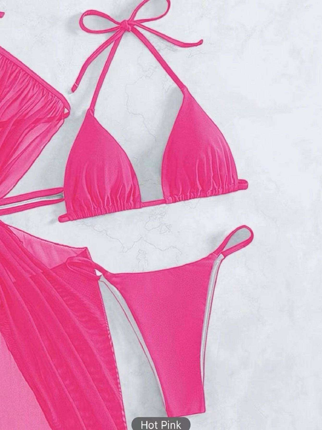 3pcs Halter Neck Bikini Beach Summer Solid Color Split Swimsuit Womens Clothing - Clothing Personality
