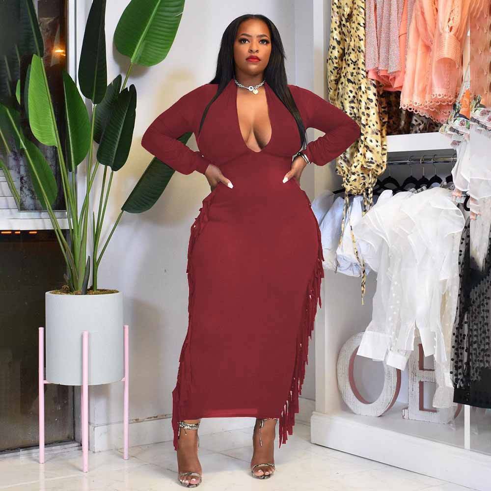 Plus Size Sexy Deep V Fringed Dress - Clothing Personality