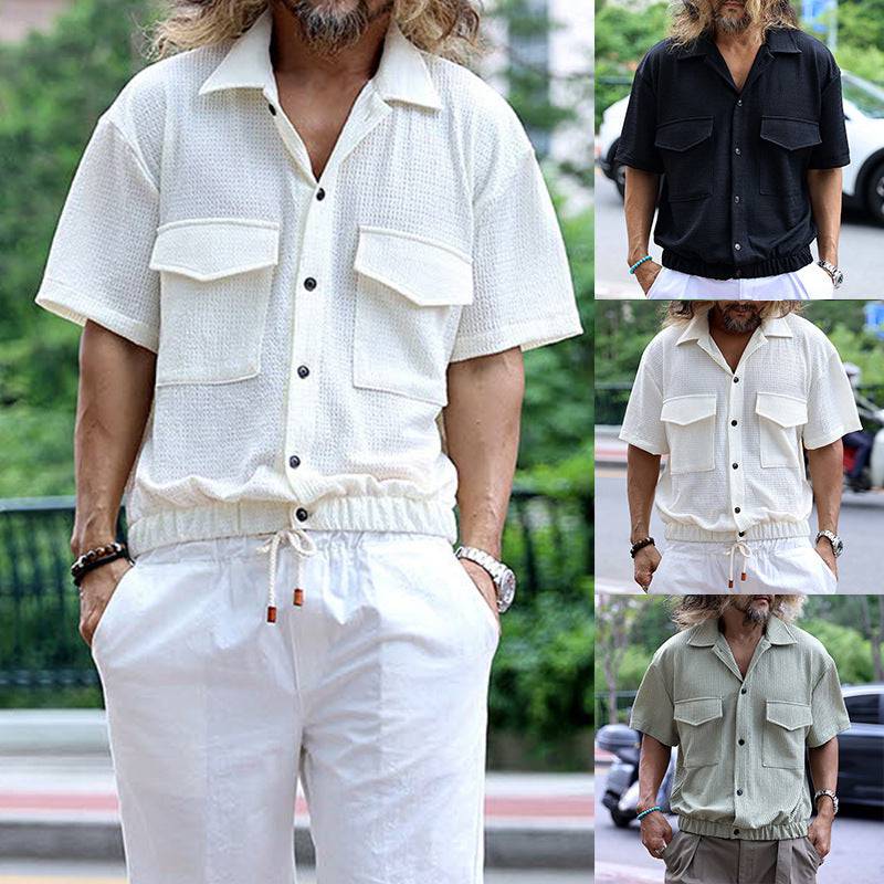 Men's Cropped Front Pocket Button Up Casual Tunic Textured Shirt Spring - Clothing Personality