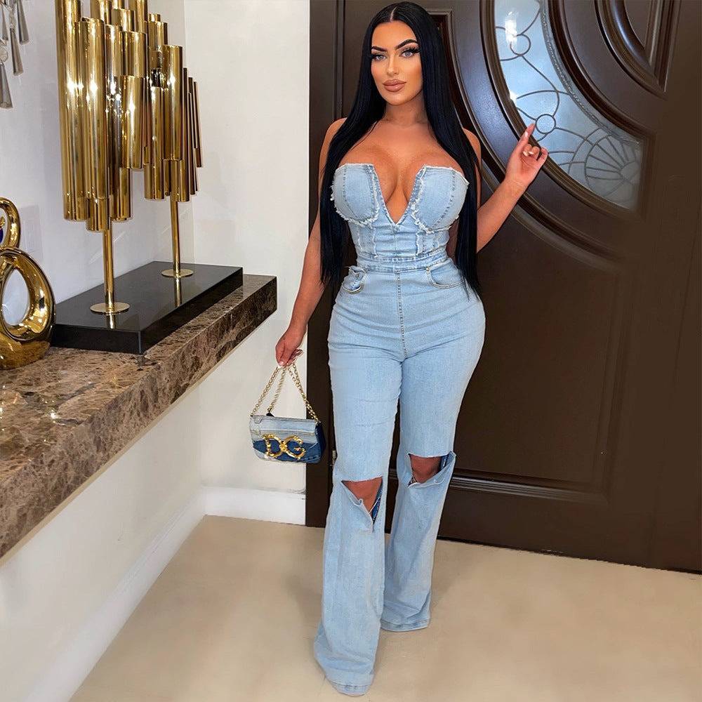 Women's V-Neck Denim With Hole Zip Pocket Jumpsuit - Clothing Personality