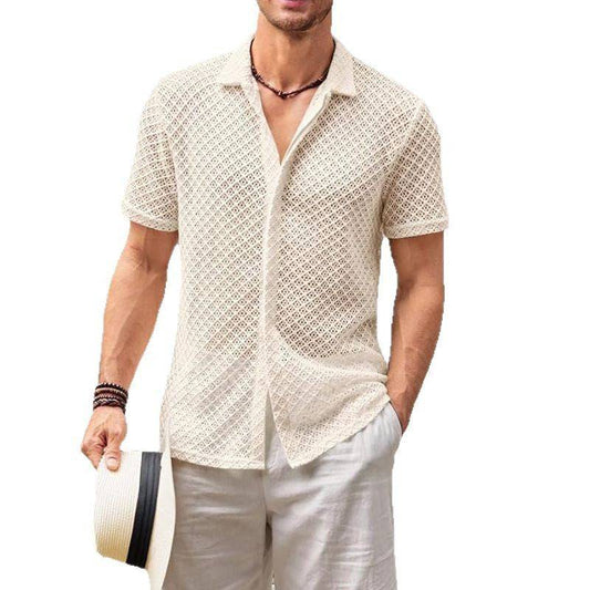 Men's Sheer Fashion Solid Color Polo Collar Shirt Short Sleeve Mesh Shirt Tops Men Clothing - Clothing Personality