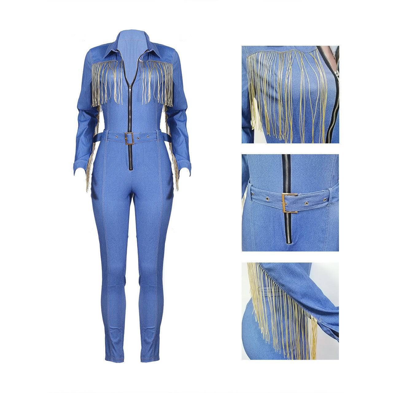 Women's Cowboy Western Fringed Sleeve Denim Jumpsuit - Clothing Personality
