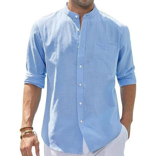 Men's Stand Collar Long Sleeve Solid Color Cotton Shirt - Clothing Personality