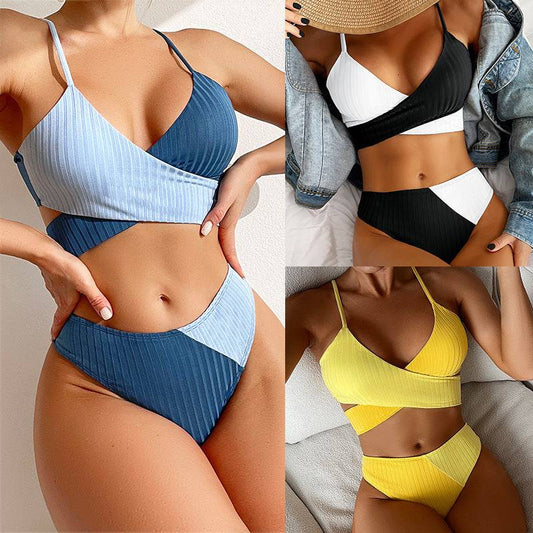 Bikini Patchwork Swimwear Ribbed Women's Swimsuit Knot Back Beachwear Ruched Butt Biquinis Bathing Suits - Clothing Personality