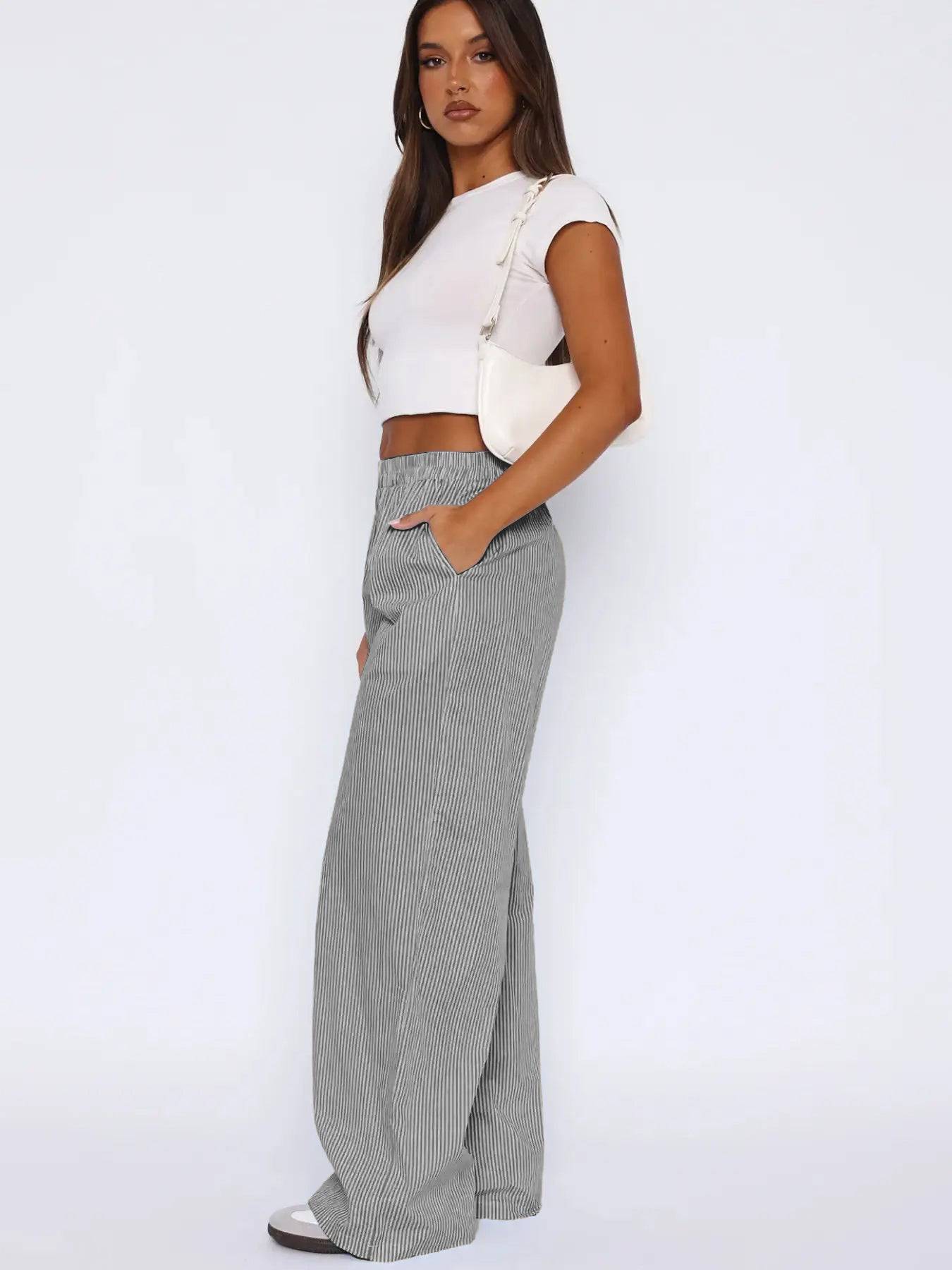 Women's Fashion Casual Striped Pants Trousers Striped Printed Wide Leg Trousers - Clothing Personality