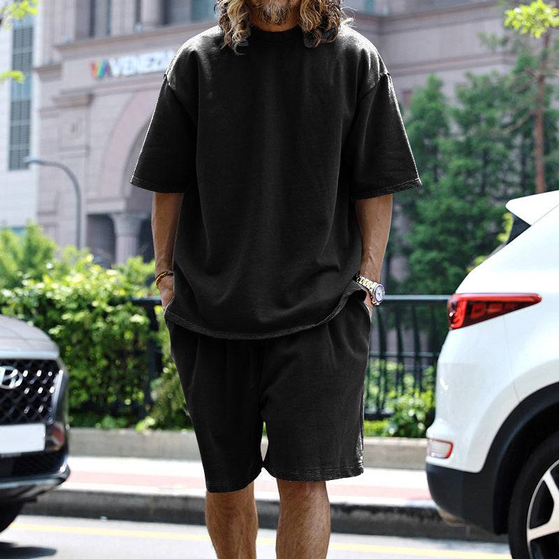 2pcs Loose Sports Shorts Set Suits Summer Round Neck Short Sleeve T-shirt And Drawstring Pockets Shorts Casual Solid Color Set Mens Clothing - Clothing Personality
