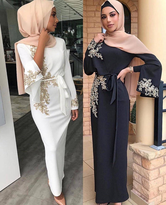 Women's Beautiful Floral Embroidered Long Sleeve Dress Muslim Embroidered dress - Clothing Personality