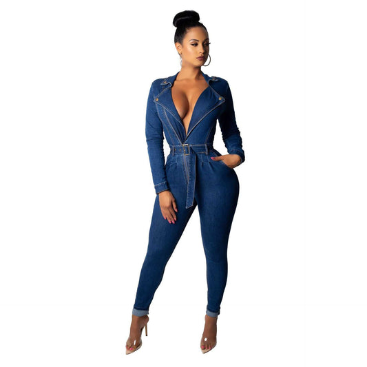 Women's Denim V-neck Slim git Long sleeve Jumpsuit One-piece Bodysuit - Clothing Personality