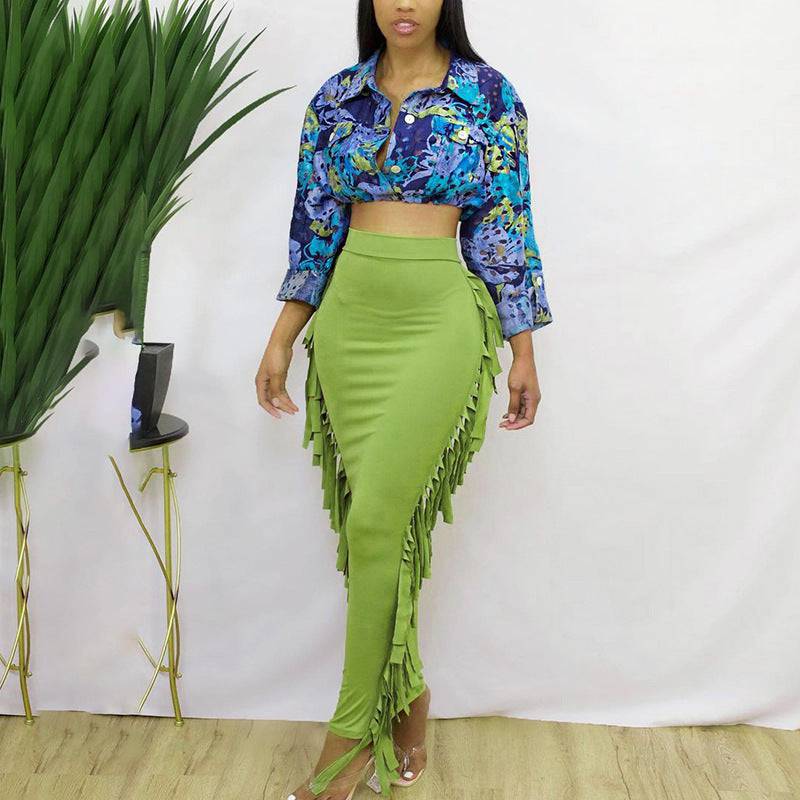 Casual High Waist Pleated Mid-length Fringed Skirt - Clothing Personality