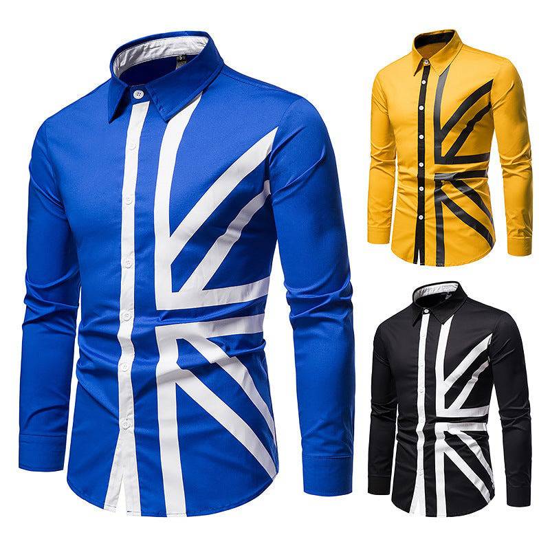 Men's Diagonal Striped Trendy Long-Sleeved Collared Shirt Western Denim Shirt - Clothing Personality