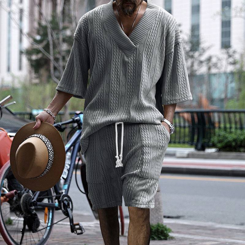 Casual Jacquard Suits Summer V-neck Short-sleeved T-shirt And Drawstring Pocket Shorts Fashion 2pcs Set Mens Clothing - Clothing Personality
