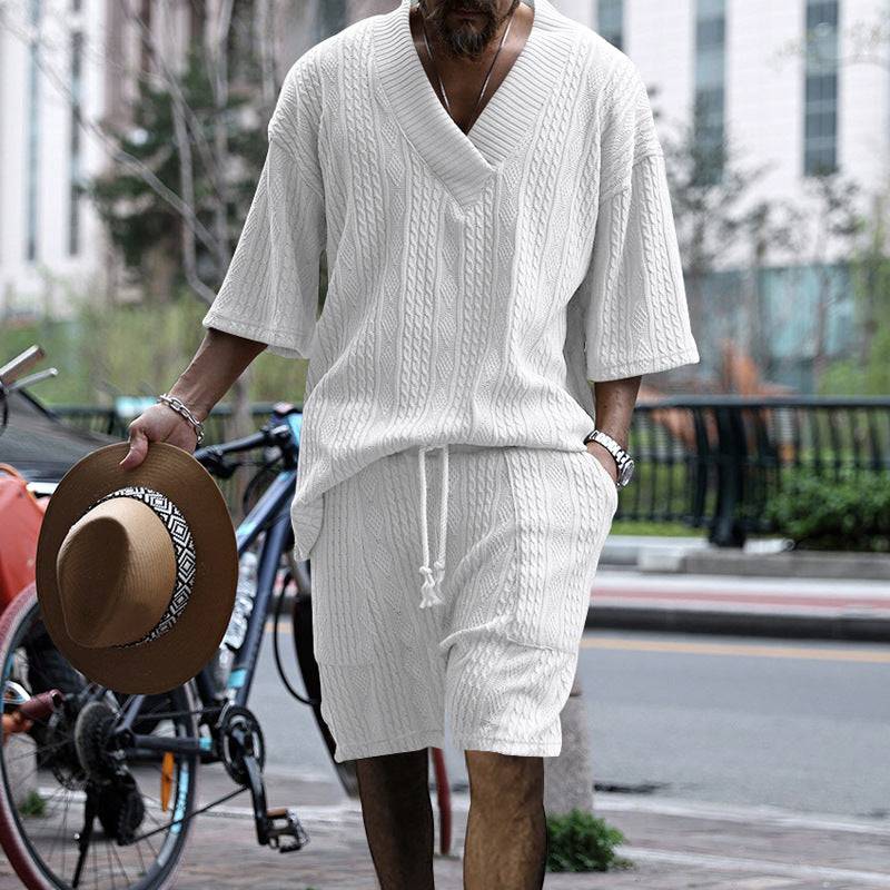 Casual Jacquard Suits Summer V-neck Short-sleeved T-shirt And Drawstring Pocket Shorts Fashion 2pcs Set Mens Clothing - Clothing Personality
