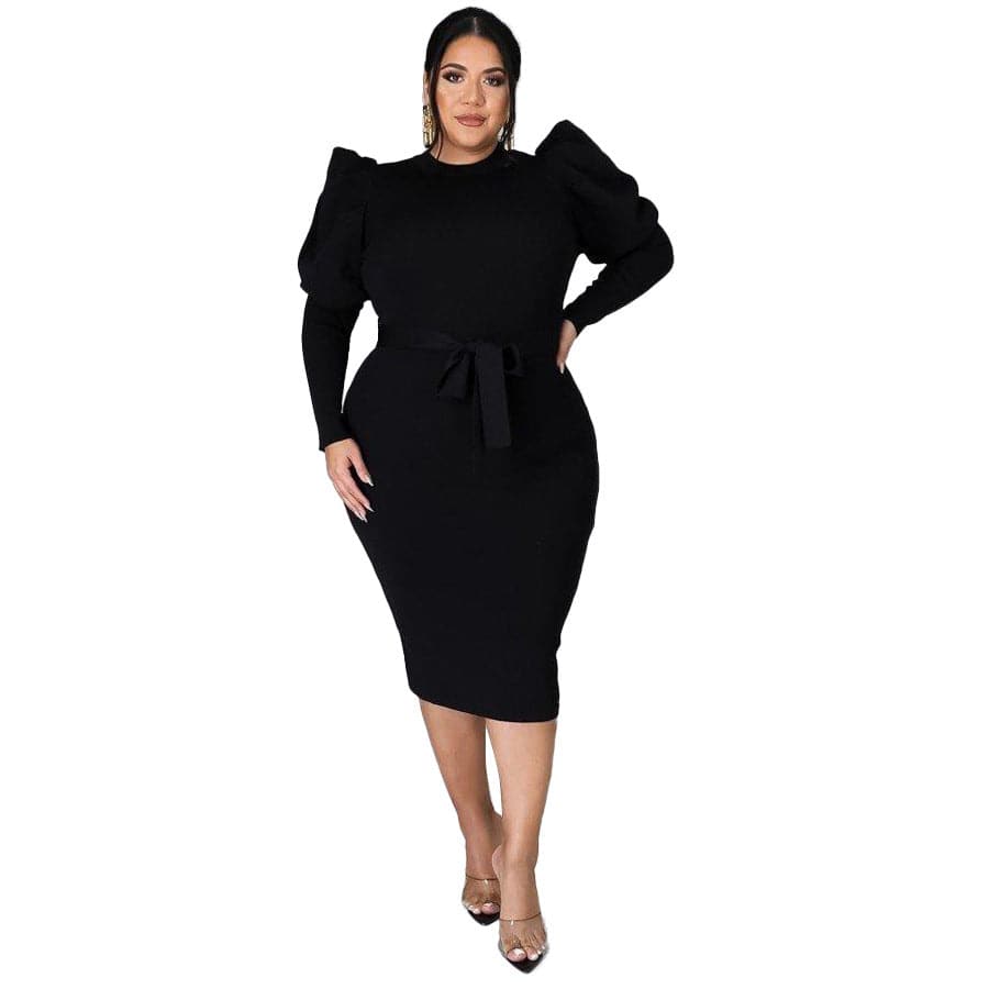 Women's Long Sleeve Belt Slim Fit Plus Size Dress - Clothing Personality