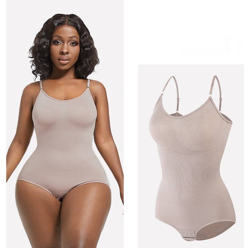 Close-up of beige body shaping bodysuit fabric showing smooth texture