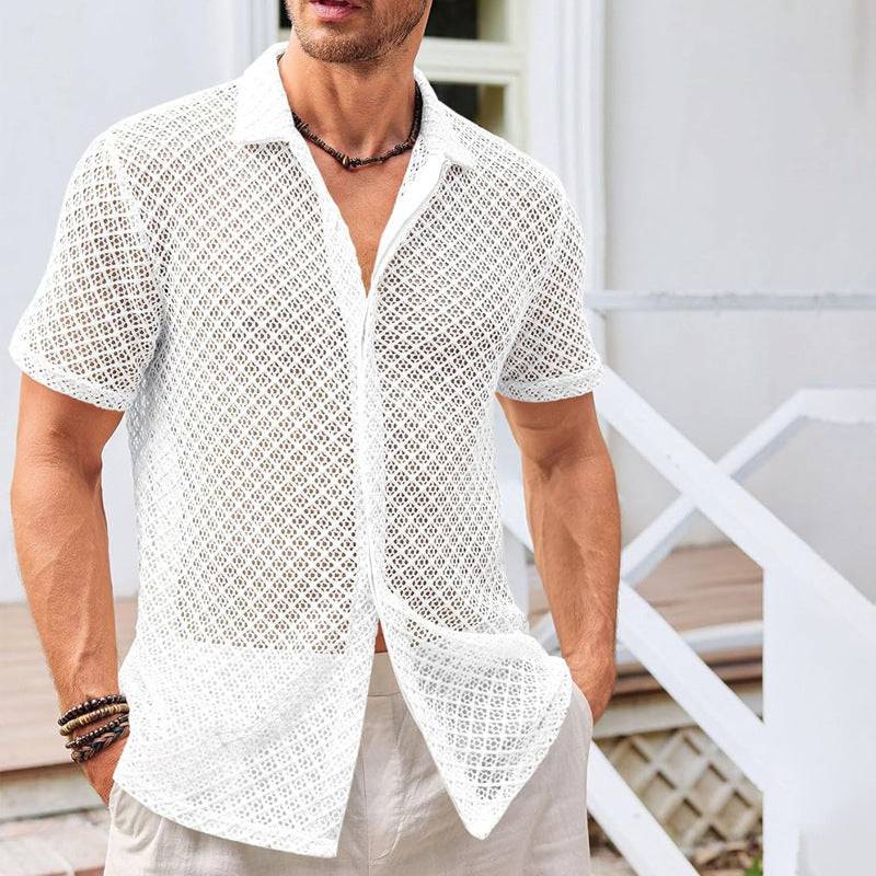 Men's Sheer Fashion Solid Color Polo Collar Shirt Short Sleeve Mesh Shirt Tops Men Clothing - Clothing Personality