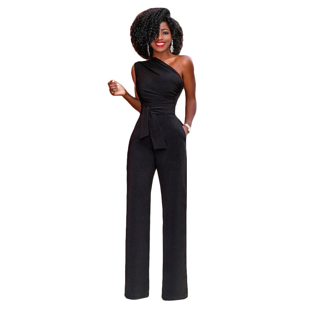 Women's Cute One-Shoulder Solid Color Slant Collar Button Up Jumpsuit Black Clothing Personality