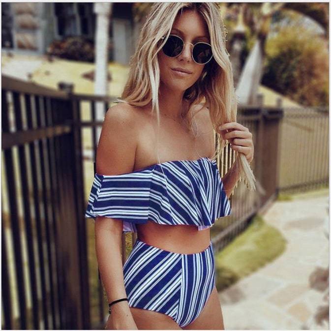 Sexy White Black Striped High Waist Biquini Ruffled Swim Bathing Suit Swimsuit Swimwear Women Off Shoulder Bikini - Clothing Personality