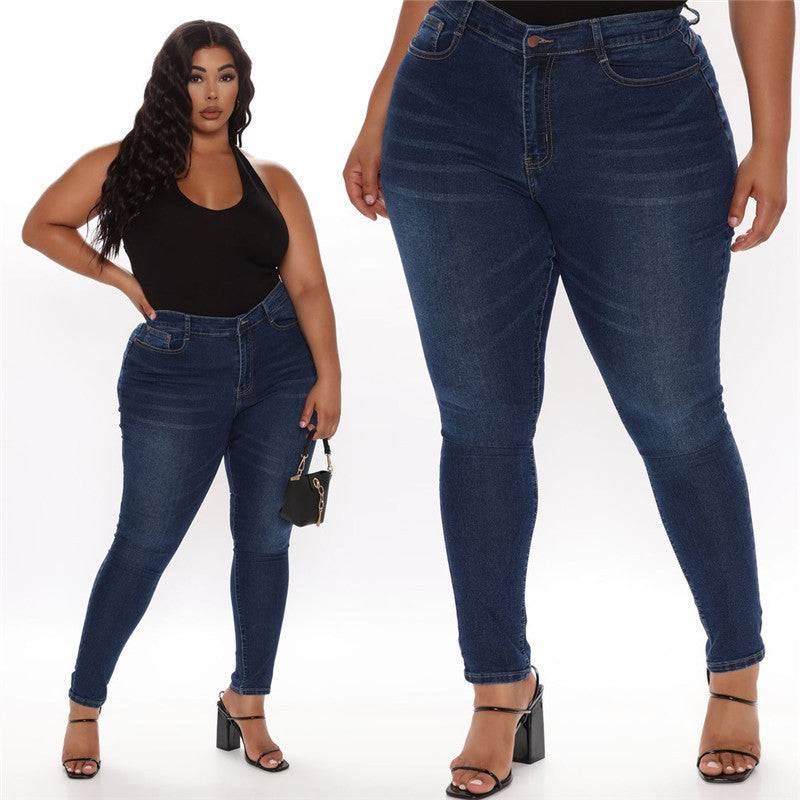 Plus Size Pencil Slim Fit Jeans Stretch Women's Denim Pants Blue - Clothing Personality