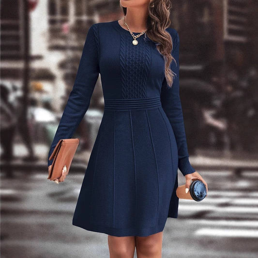 Women's Knitted Long Sleeve Knee Length Dress Fashion Slim Fit Sweater Dress - Clothing Personality