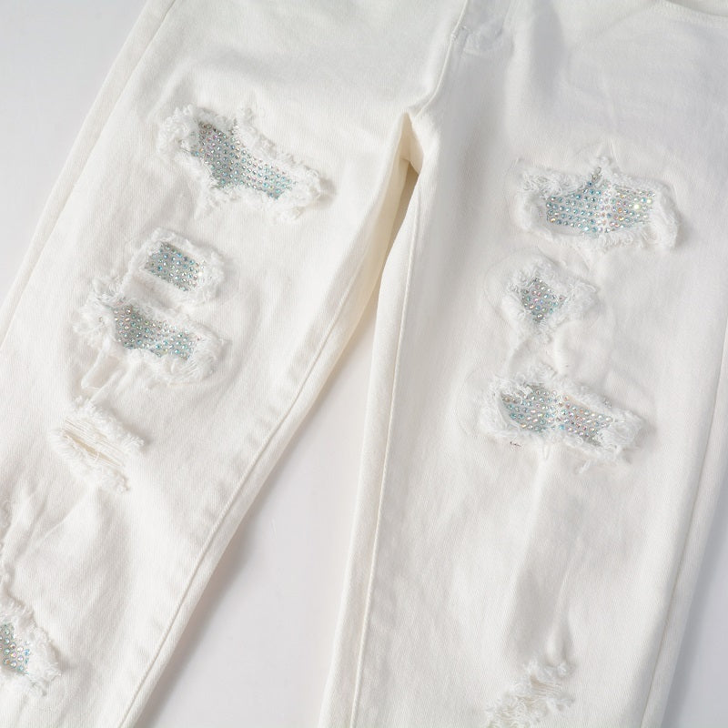 Hot Drill Patch Hole White Slim-fit Pants Male - Clothing Personality