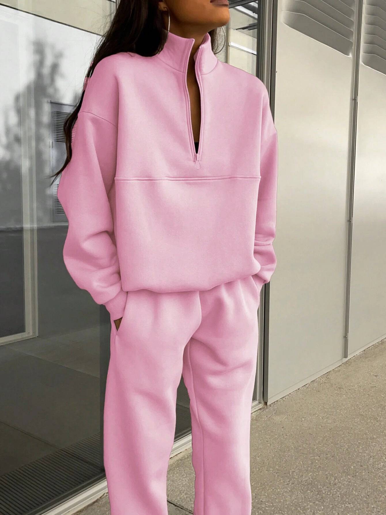 Zipper And Lapel Solid Color Casual Two-piece Suit - Clothing Personality