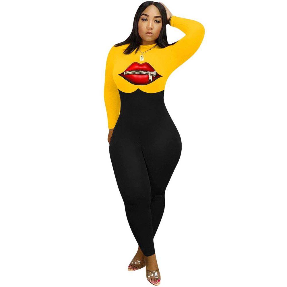 Women's Lip Print Casual Fitted Mid Waist Jumpsuit - Clothing Personality