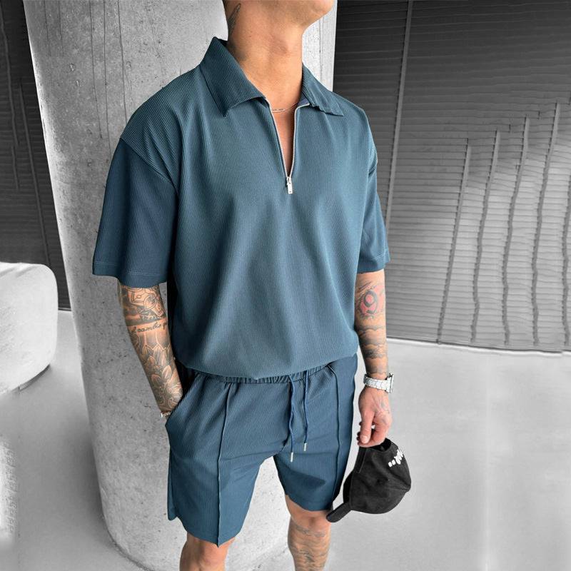 Spring Summer Fashion Men's Clothing Men's Chino Shorts Suit New Zipper Polo Casual Short Sleeve Shirt Drawstring Shorts Men's Set - Clothing Personality