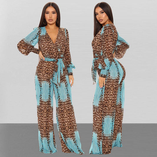 Fashion Digital Printing Long V-neck Chiffon Jumpsuit - Clothing Personality