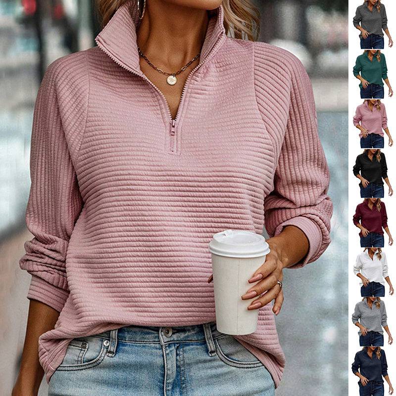Zipper Stand Collar Pullover Sweatshirt Fashion Solid Striped Long Sleeve Top Spring And Autumn Women's Clothing - Clothing Personality