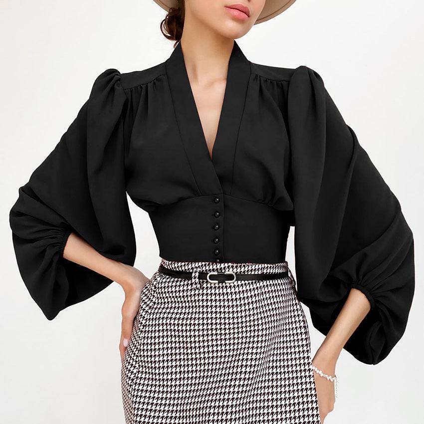OOTN Elegant White Blouse Women Shirt Top Female Tunic V Neck Button Down Chic Casual Wine Red Blouse Lantern Sleeve Ladies - Clothing Personality