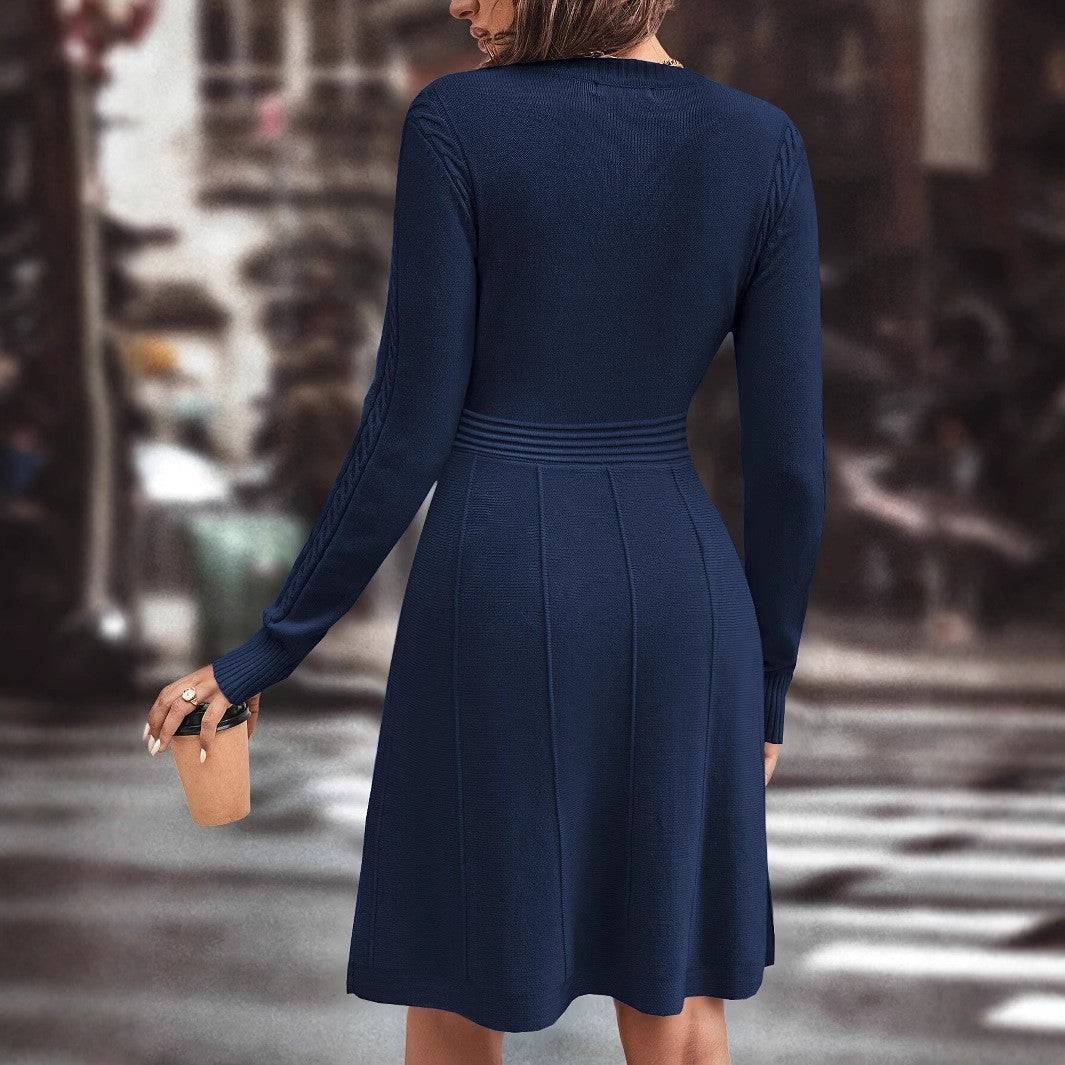 Women's Knitted Long Sleeve Knee Length Dress Fashion Slim Fit Sweater Dress - Clothing Personality