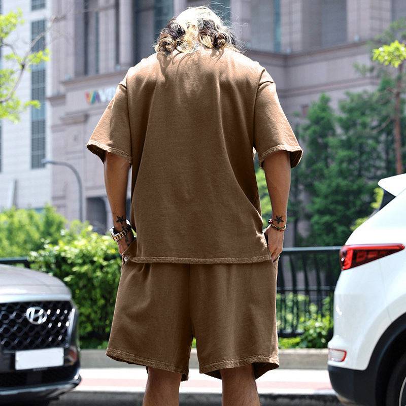 2pcs Loose Sports Shorts Set Suits Summer Round Neck Short Sleeve T-shirt And Drawstring Pockets Shorts Casual Solid Color Set Mens Clothing - Clothing Personality