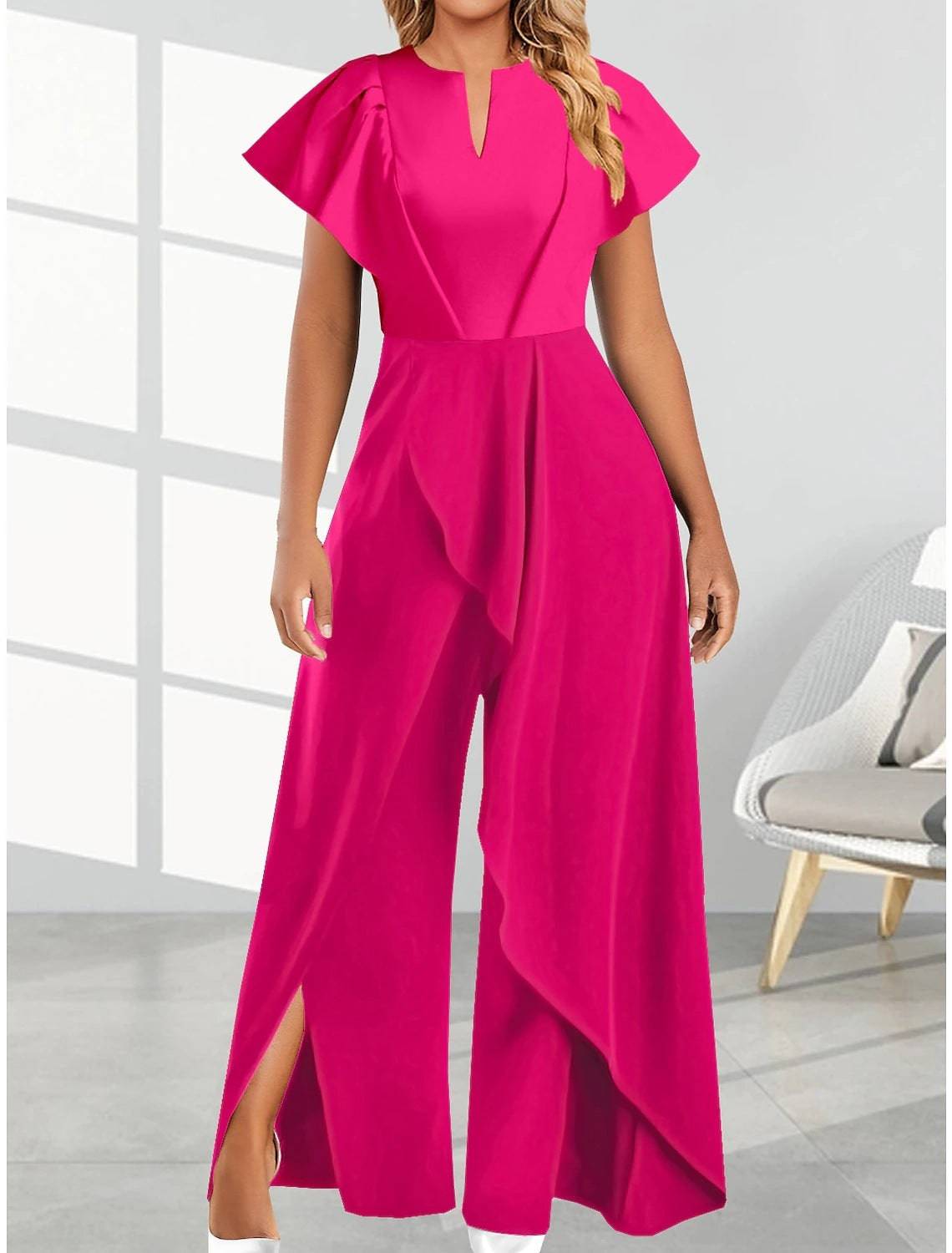 Women's V-neck Split Leg Asymmetrical Flowy Wide-leg Jumpsuit Romper - Clothing Personality