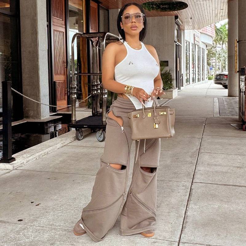 Fashionable Multi-Zipper Pocket Hollow Out Loose Fit Pants Trousers For Women - Clothing Personality