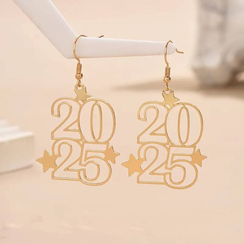 New Women's Golden New Year 2025 Date Number 2025 Dangle Earrings For Women Fashion Jewelry New Year Earring For Party - Clothing Personality