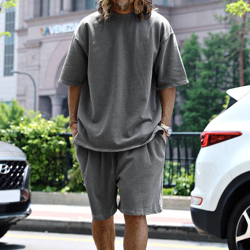 2pcs Loose Sports Shorts Set Suits Summer Round Neck Short Sleeve T-shirt And Drawstring Pockets Shorts Casual Solid Color Set Mens Clothing - Clothing Personality