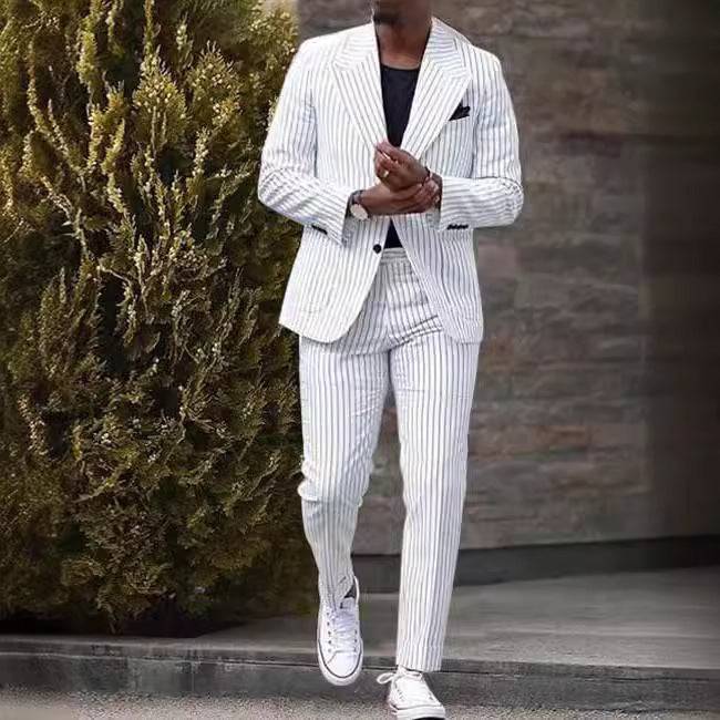 Men's Lightweight Luxury Linen Seersucker Blazer and Pants Set Slim Fit Straight Leg Business Casual Trousers Striped Suit