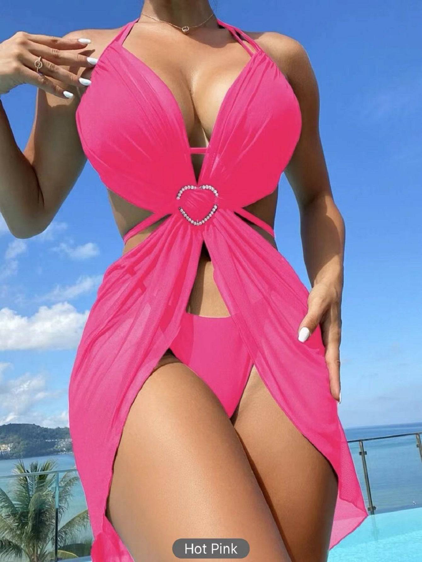 3pcs Halter Neck Bikini Beach Summer Solid Color Split Swimsuit Womens Clothing - Clothing Personality