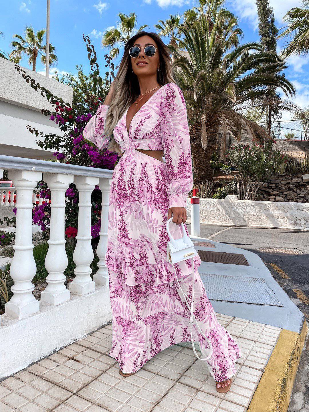 Elegant Women's V-neck Long-sleeved Plant Dress - Clothing Personality