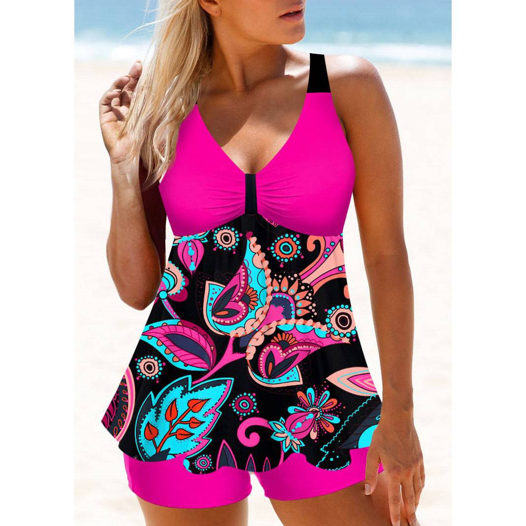 Plus Size Split Swimsuit Skirt Printed Swimwear - Clothing Personality