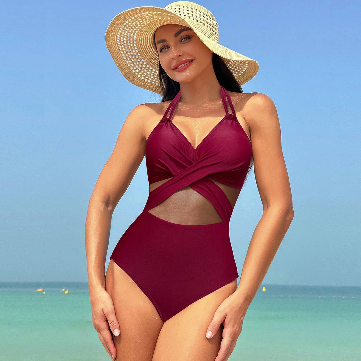 Halter-neck One-piece Swimsuit Summer Solid Color Cross-strap Design Mesh Bikini Beach Vacation Womens Clothing - Clothing Personality