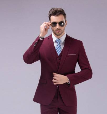 Men's Slim Fit Solid Color Minimalist Blazer Pants Business Suit Wine Burgundy Dark Cherry