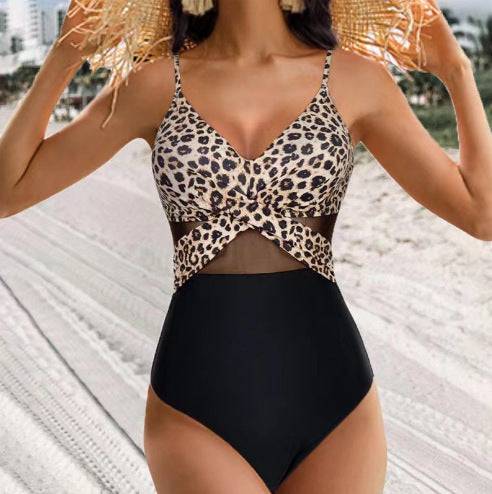 Halter-neck One-piece Swimsuit Summer Solid Color Cross-strap Design Mesh Bikini Beach Vacation Womens Clothing - Clothing Personality