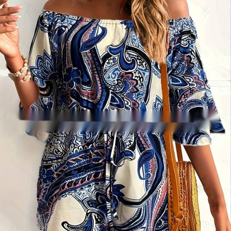 Women's Ethnic Off-Shoulder One-piece Paisley Print Shorts - Clothing Personality