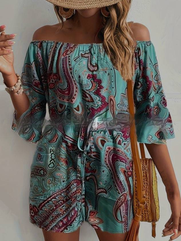 Women's Ethnic Off-Shoulder One-piece Paisley Print Shorts - Clothing Personality