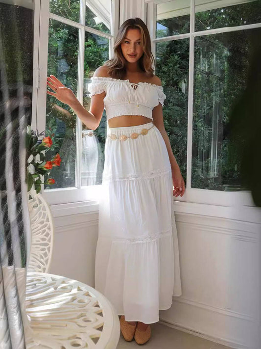 Women's White Boho Two-Piece Top and Bottom Cropped Lace-up Top Flowy A-line Tiered Layered Ruffle Hem Pilgrim Skirt Matching Fashion Set Suit Clothing Personality