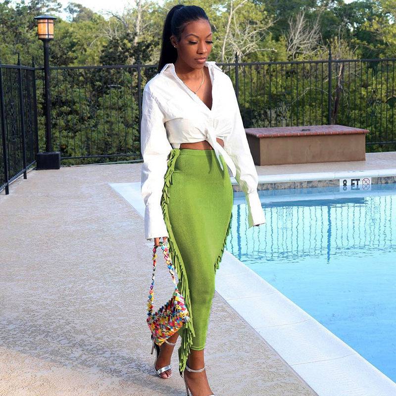 Casual High Waist Pleated Mid-length Fringed Skirt - Clothing Personality