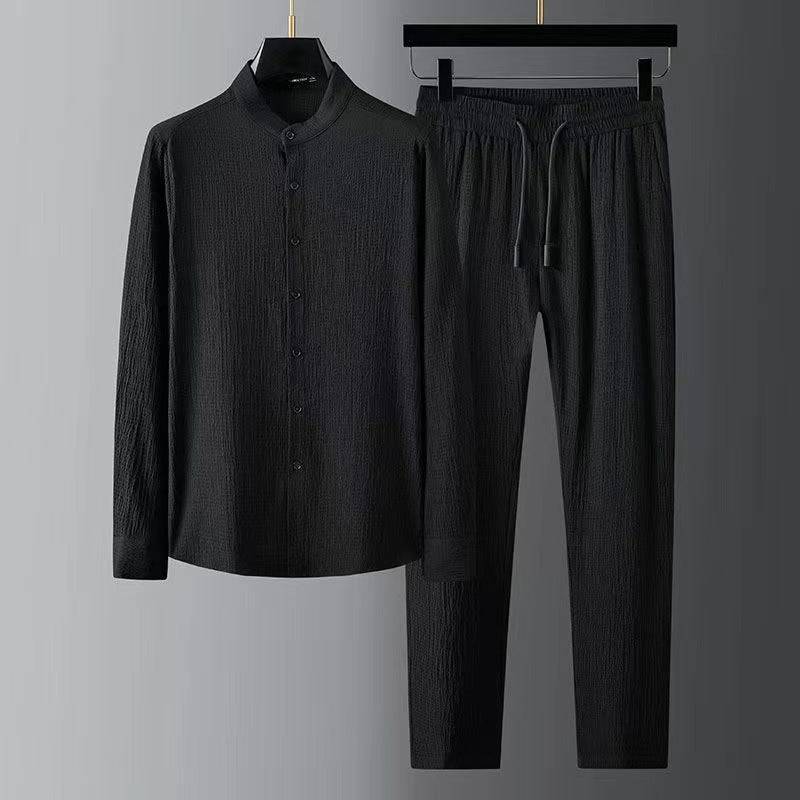 Casual Light Thin Suit Men's Summer Striped Pleated Stand Collar Men's Shirt Geometric - Clothing Personality