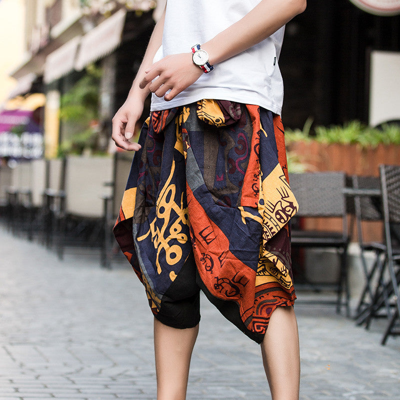 Cotton and linen printed loose shorts